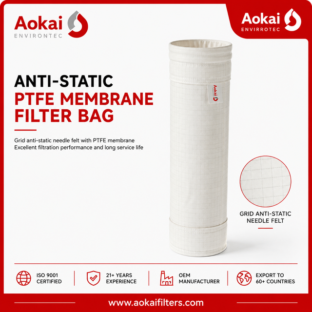 AOKAI Antistatic Polyester Mesh Filter Bag with PTFE Membrane Conductive Fiber for Battery Recycling Dust Collection
