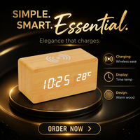 Réveil numérique électronique moderne en bois avec chargeur sans fil, affichage LED de la température et calendriers pour chambre et bureau (OEM)