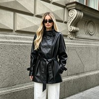Manteau en cuir d'agneau pour femme, style motard, long, imperméable, doux, à double boutonnage, col mandarin, ceinture réglable, manchette à sangle, style urbain