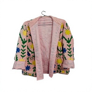 Veste pour femme brodée de fleurs roses, en coton, style Suzani, manches longues, col montant, automne-hiver - Product Image 3