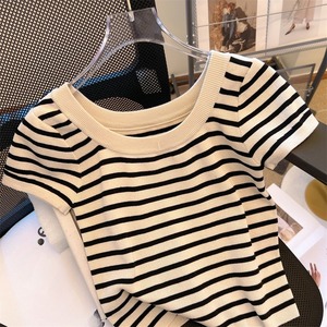 Camiseta de Manga Corta a Rayas Tejida a Mano Estilo Vintage <span class=keywords><strong>para</strong></span> Mujer, <span class=keywords><strong>Verano</strong></span> 2026, Nueva, Popular, de Alta Gama - Product Image 1