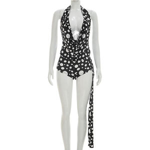 Viviblook J26ST156 Women Summer Casual Set Deep V Backless Halter <b>Top</b> Polka Dot Printed High Waist Mini Shorts Set - Product Image 3