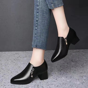 <strong>Block</strong> <strong>Heel</strong> Short Tube Pointed <strong>Toe</strong> Ladies Single Shoes Versatile Fashion Soft Leather <strong>Heels</strong> Women - Product Image 4