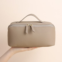 Sac cosmétique portable en cuir véritable à double fermeture éclair pour femmes, motif litchi, pour la maison/les voyages/les affaires/les performances