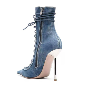 Summer Autumn Lace-Up ZIP Ankle <b>Boots</b> High Top Sexy Women's Denim Short Slim Heels Big Size 48 - Product Image 3