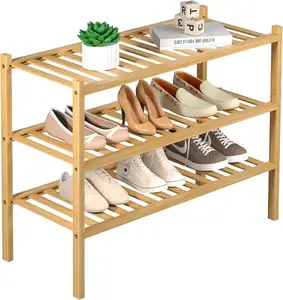 Closet Free Standing Wood Shoe Shelf Storage Organizer for Entryway Small Space 3 Tier Bamboo Shoe Rack