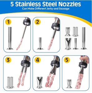Jerky Gun Kit Machine à viande de bœuf en acier inoxydable avec 5 buses 1 <span class=keywords><strong>poussoir</strong></span> à viande 5 brosse de nettoyage accessoires de tir à saucisses - Product Image 4