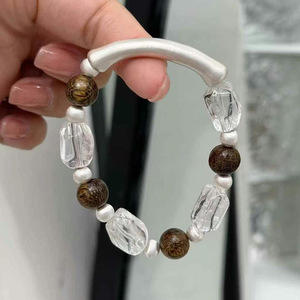 999 Pure Silver Natural White Crystal Beaded <b>Bracelet</b> With Agarwood Sandalwood Elastic <b>Rope</b> Unisex Everyday Wear - Product Image 1