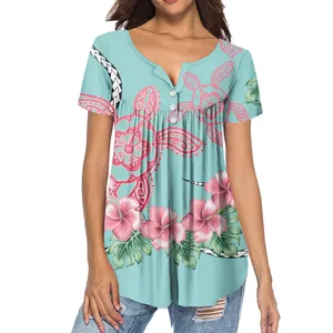 Atasan Tunik Blus Wanita Pola Hibiscus Kura-kura Polynesia Blus Resmi Kaus Kasual Motif Bunga Lengan Pendek Leher V Kemeja Henley