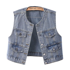 Wholesale Custom Women's Denim Vest Chic Round Neck <strong>Cropped</strong> Jean Vest Sleeveless Jacket Slim Fit Casual Denim Top - Product Image 1