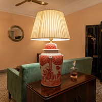 Lampe de table style Hampton, chinoiserie rouge et blanche, pot à gingembre avec scène peinte à la main, pour chambre de ferme ou table de chevet