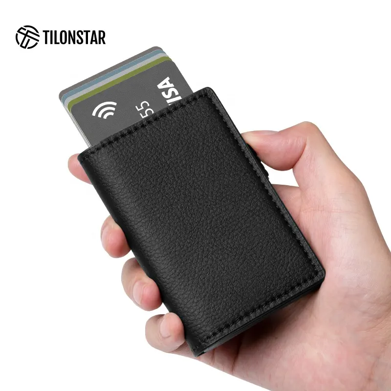 Hot Sell RFID Blocking Slim Minimalist Aluminum Multi Function Man Leather Long Wallets Front Pocket Smart Wallet Card Holder