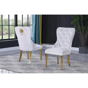 Silla de Comedor Moderna de Terciopelo Blanco con Respaldo Acolchado y Botones Decorativos, Patas de Metal Dorado, Muebles de Lujo para el Hogar, Silla para Hotel/Restaurante - Product Image 4