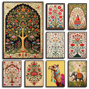 Decoración del Hogar, Impresión en Lienzo Floral Grande y Colorida, Arte Folclórico, Pinturas de Flores Vintage y Arte Mural Indio - Product Image 6