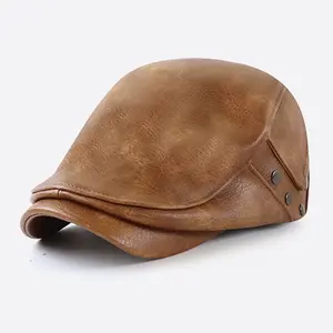Wholesale Cool Faded Washed Pu Leather Ivy Hat Women Men Autumn Stylish Drive Beret Flat Cap with Metal Rivet