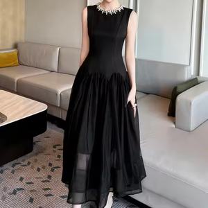 Vestido de Noche Largo Negro Elegante para Mujer 2025, Color Sólido, Nuevo con Parches de Tul, Cintura Elástica, Talla XS, Transpirable, para Fiesta de Otoño - Product Image 4