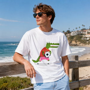 Cute Cartoon <strong>Crocodile</strong> Soccer Player Print T-shirt, Custom Cotton <strong>Tee</strong>, Funny Animal Holding Football Tshirt for Men Daily Outfit - Product Image 4