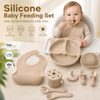Ensemble de vaisselle en silicone pour bébé, motif animal, assiette, bol, bavoir, tasse, cuillère, fourchette, réutilisable, pour repas d'enfant