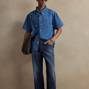 <span class=keywords><strong>Camisa</strong></span> vaquera de <span class=keywords><strong>hombre</strong></span> personalizada, de <span class=keywords><strong>manga</strong></span> <span class=keywords><strong>corta</strong></span>, con lavado pesado, pedrería de perlas, estilo western oversize, vintage, streetwear, con botones - Product Image 2