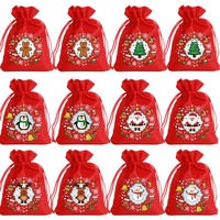 Sacs cadeaux de Noël imprimés en lin rouge, 6 pièces, emballage pour chaussettes, petits sacs, sacs à biscuits