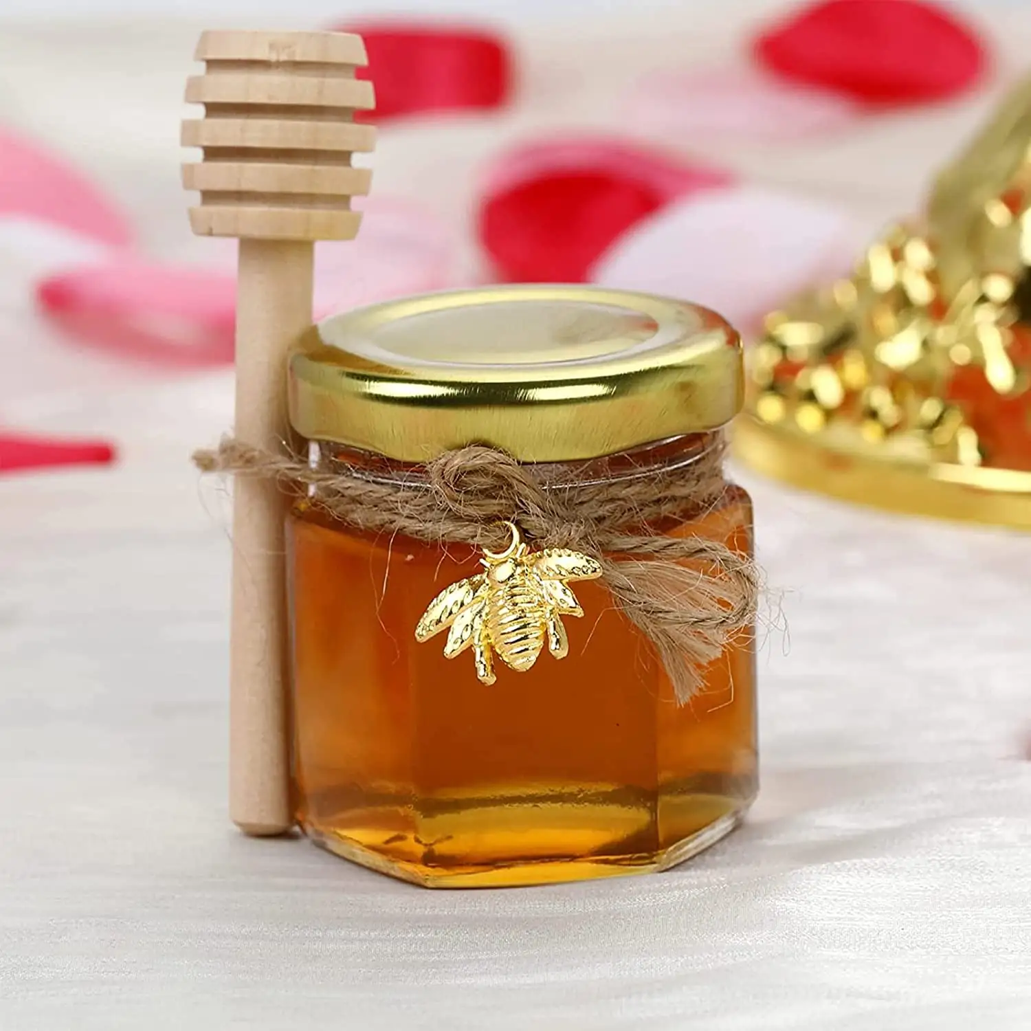 R 2023 Neue 1,5 Unzen 45ml 100ml Hexagon Mini Glas Marmelade Honigs irup Sauce Gläser mit Gold deckel für Geschenke Hochzeit begünstigt Süßigkeiten