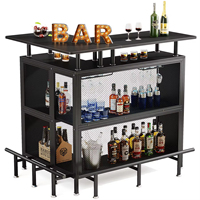 Table de bar en forme de L avec rangement multi-niveaux, style industriel, construction bois-métal, porte-verres à vin pour bar à domicile