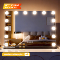 Miroir de Maquillage de Table avec Éclairage LED, 14 Ampoules à Intensité Réglable par Touche, Grossissant, Finition Noir-Argent, Taille Personnalisable, Métal+Verre