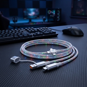 Nouveau câble de données lumineux 3-en-1 à charge rapide <span class=keywords><strong>double</strong></span> USB-A//Type-C, connecteurs en PVC, entièrement compatible - Product Image 6