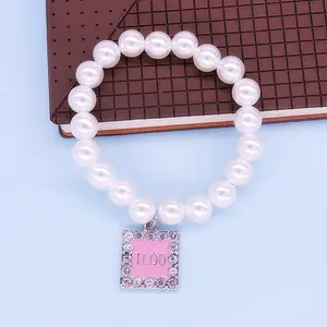 Cheap Fashion Pearl Chain Bling Diamond Greek Society Letters First Top Lady Of DEDICATION Pink TLOD Bracelets
