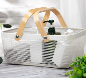 Wooden Iron Storage Basket Metal Mesh Fruit Basket <strong>Bin</strong> with Double Wooden Handle Multi-functional Wrought Iron Wire Kitchen <strong>Stor</strong> - Product Image 3