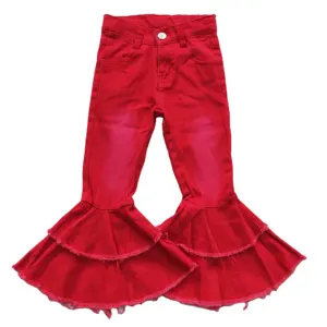 กางเกงยีนส์แฟชั่นสำหรับเด็กผู้หญิงกางเกงยีนส์แต่งระบายสองชั้นสีแดงขากระดิ่งกางเกงขายาวสำหรับเด็ก1-14ปี