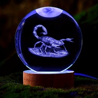 Boule décorative en cristal gravée au laser 3D en forme de scorpion, statue d'insecte en verre avec base, vente en gros