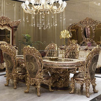 Ensemble table et chaises de salle à manger en bois antique sculpté à la main de style européen royal baroque, design traditionnel de villa
