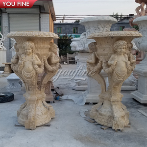 YOUFINE Coppia di Urne Decorative in Marmo Bianco Naturale con Rilievo di Cherubini e Fiori, Vaso in Pietra Intagliata a Rosa con Piedistallo Quadrato per Giardino e Villa - Product Image 5