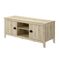 Meuble TV en bois blanc laqué brillant avec 2 armoires de rangement et étagères ouvertes pour salon