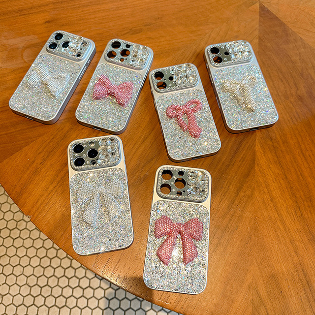 For 17 Pro Max Rhinestone Bow Design Phone Case Drop Glitter Sequins Camera protection Korean Women Phone Cover for iphone 16 15