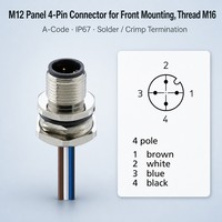 Conector de Latón M12 para Montaje en Panel, 4 Pines, Código A, IP67, PG9, Resistente al Agua, Macho, Industrial, Serie Completa IEC61076
