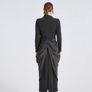 Vestido de Noche de Color Sólido con Pliegues, Cintura Imperio, Cuello Redondo, Manga Larga, Falda Maxi con Abertura, Ecológico, Moderno y Elegante - Product Image 4