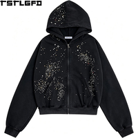 Sweat à capuche zippé OEM ODM Starry Night pour homme, noir, imprimé étoiles colorées en strass, style Y2K, streetwear, vente en gros
