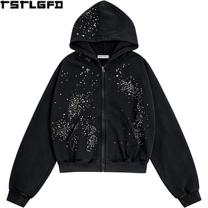 Oem Odm Starry Night Zip Hoodie Men Black Colorful Rhinestone <b>Star</b> Print Y2K Streetwear Wholesale - Product Image 2