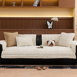 Housses de <span class=keywords><strong>canapé</strong></span> d'hiver en peluche à rayures et carreaux de couleur unie, luxe léger <span class=keywords><strong>pour</strong></span> salon, antidérapantes, avec bords roulés exquis - Product Image 6
