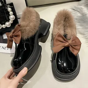 Chunky Heel Fur Bowknot Big Head Women Fleece Cotton Shoes Patent Leather Loafers