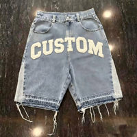 Shorts en jean délavé et vieilli pour homme, style streetwear décontracté d'été, avec appliques brodées et bords bruts