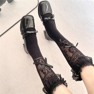 Chaussettes longues style Lolita en polyester respirant, à double <span class=keywords><strong>aiguille</strong></span>, fines, avec nœud, bordées de dentelle, mi-mollet, absorbant la transpiration, collection Printemps-Été - Product Image 4