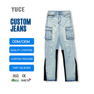 بنطلون جينز كارجو للرجال بلون أزرق فاتح، ممزق ومتعدد الجيوب، بتصميم واسع الساق ومرقع، مع تأثيرات الطلاء، مناسب لأزياء الشارع - Product Image 4