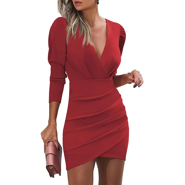 Womens Deep V Neck Bodycon Mini Dresses Long Sleeve Ruched Wrap Sexy Club Party Cocktail Dress