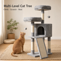 Arbre à chat multi-niveaux en bois avec quatre poteaux à gratter en sisal, deux niches, balles suspendues, carton personnalisé pour grands chats, OEM