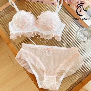 Japanese Style Women's Thin Strap Lace Anti-Sagging Push-Up Bra &amp; Brief Sets Sweet Pure Desire Collection for <strong>Small</strong> <strong>Chest</strong> - Product Image 1
