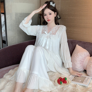 Primavera otoño sólido Pijamas mujer cuello en V conjuntos encaje ropa de dormir dulce suelto Paj conjunto estilo malla pijamas conjunto nuevo diseño camisones - Product Image 2