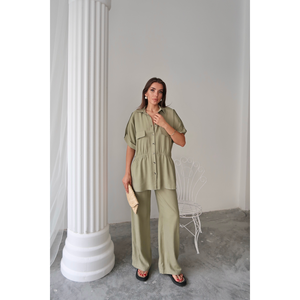 Conjunto de 2 Piezas de Lino Verde, Top Informal Sólido y Pantalones con Cintura Ajustable con Cordón, Corte Ajustado para Atuendos de Verano - Product Image 5